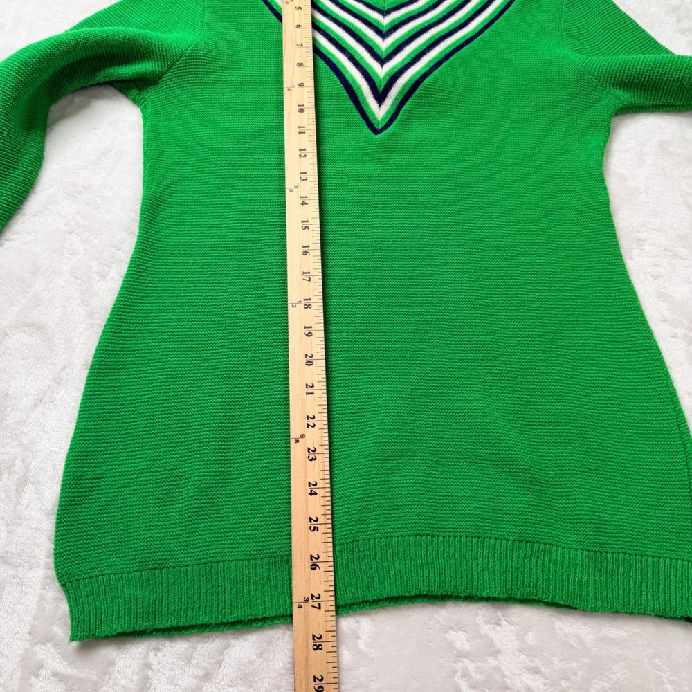 Vintage 70s Retro Green Striped V-Neck Knit Sweater Varsity Preppy Zip Back Top - Picture 8 of 8